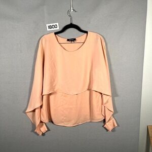 DKNY Poncho Blouse Womens PM Peach Chiffon Layered Smocked Round Neck‎ Pullover